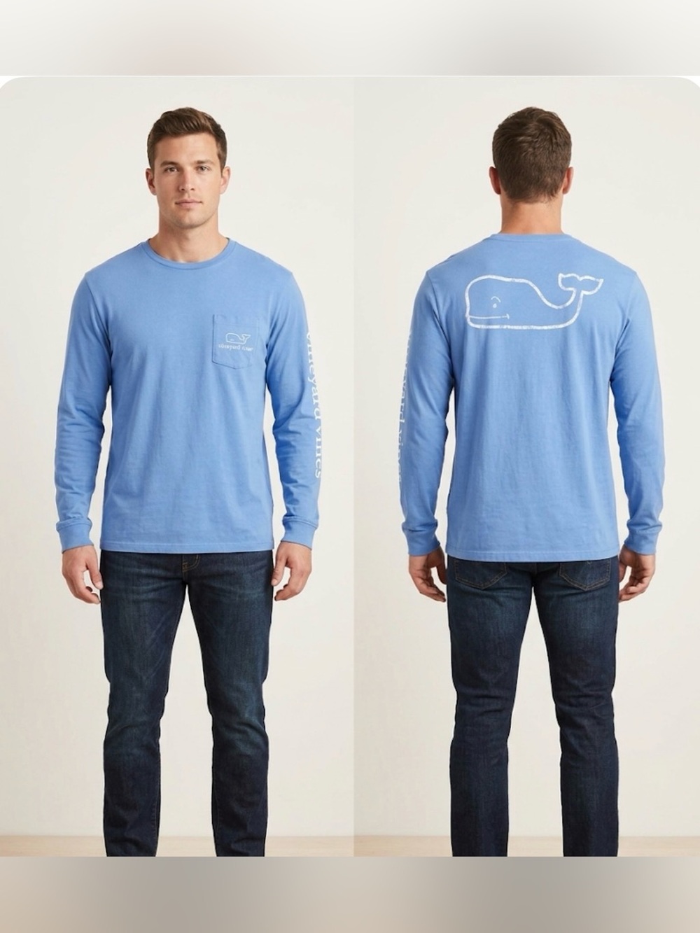 Vineyard Vines Men’s Vintage Whale Long Sleeve Pocket Lt Blue T Shirt Medium  M